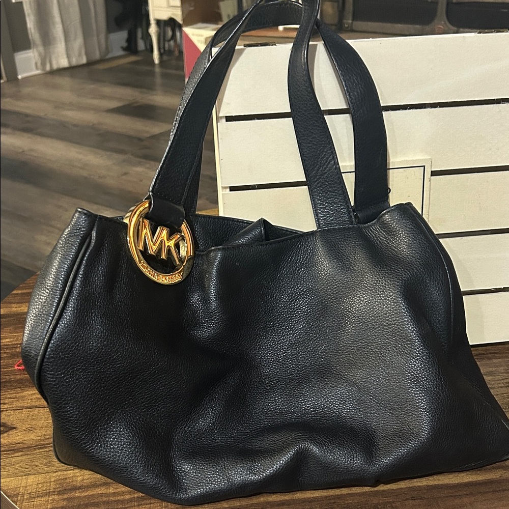 Michael Kors Black Leather Shoulder Bag with Gold Accent
